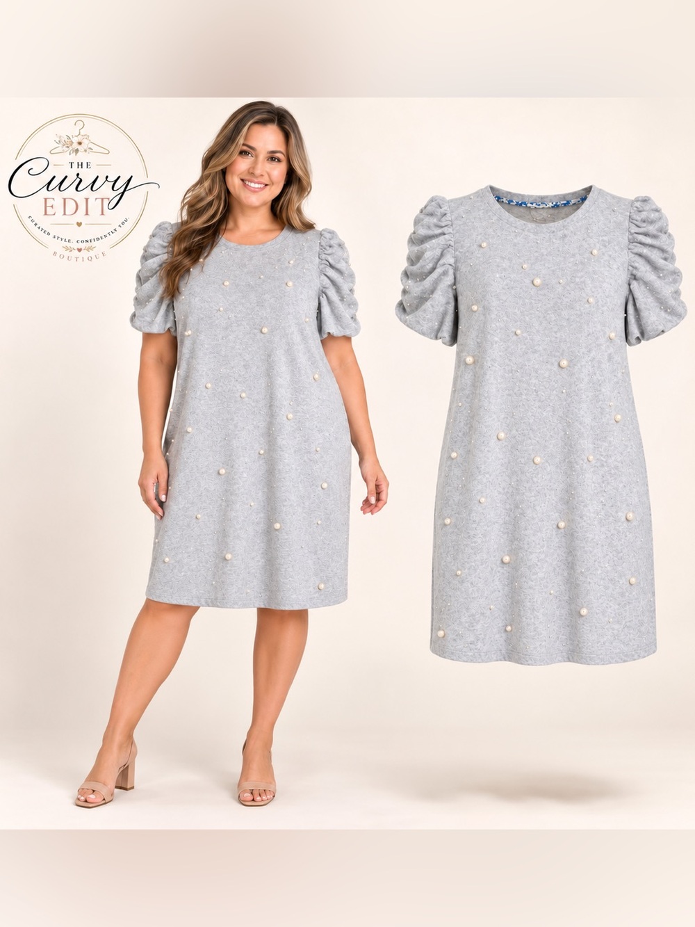 Umgee Pearl Embellished Ruched Puff Sleeve Shift Dress Gray L NWT Elevated Boho